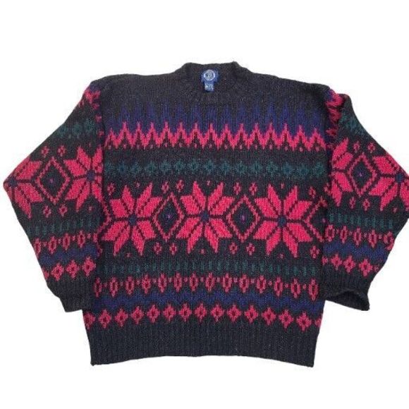 Vintage GAP Sweater Mens Blue Red Green Fair Isle Snowflake‎ 100% Wool Large - Picture 1 of 8